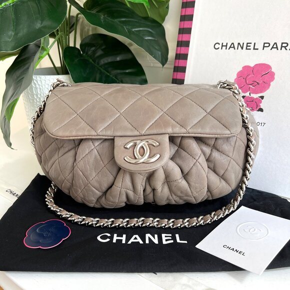 Authentic Chanel Quilted Large Chain Flap Taupe Crossbody Gray-Beige ClutchB0649 - Picture 2 of 16